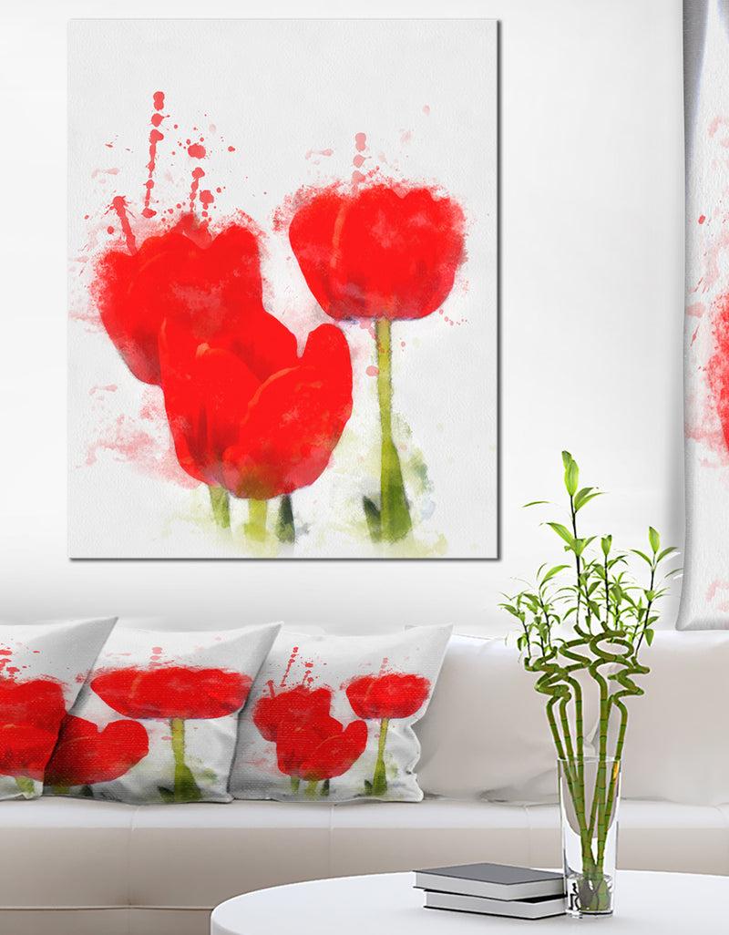 DesignQ Bright Red Tulip Flowers With Splashes - Extra Large Floral Canvas Art