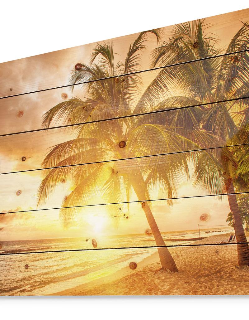 DesignQ Bright Sunset At Barbados Island - Modern Seascape Print On Natural Pine Wood