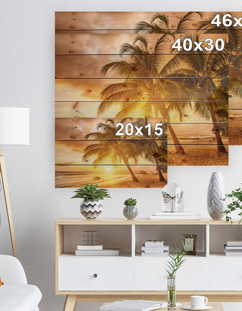 DesignQ Bright Sunset At Barbados Island - Modern Seascape Print On Natural Pine Wood