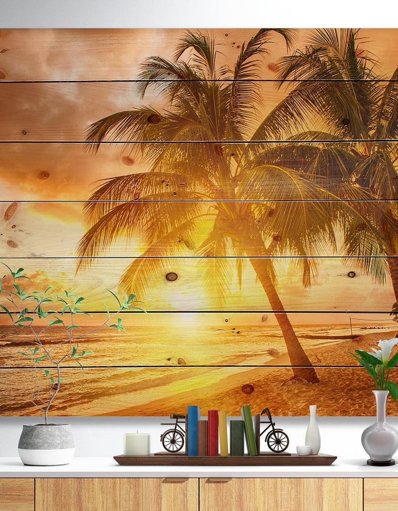 DesignQ Bright Sunset at Barbados Island - Modern Seascape Print on Natural Pine Wood