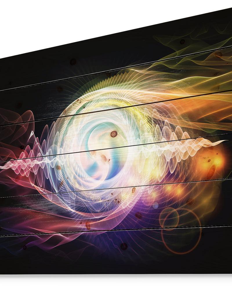 DesignQ Bright Wave Particle In Air On Black - Large Abstract Print On Natural Pine Wood