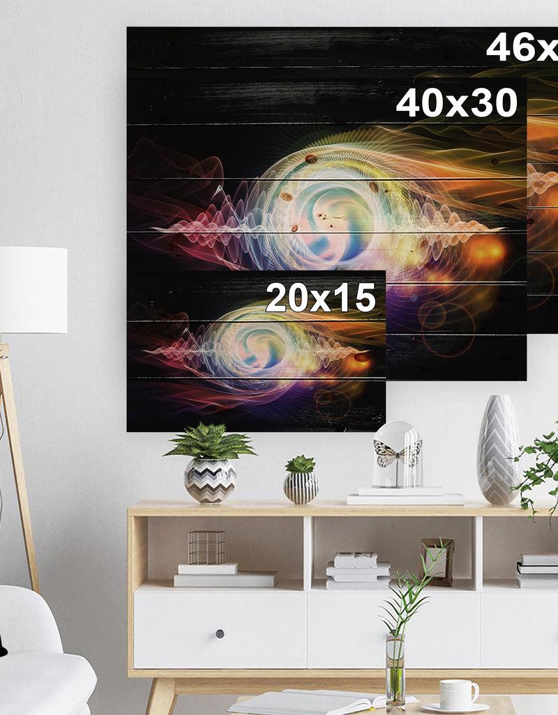 DesignQ Bright Wave Particle In Air On Black - Large Abstract Print On Natural Pine Wood