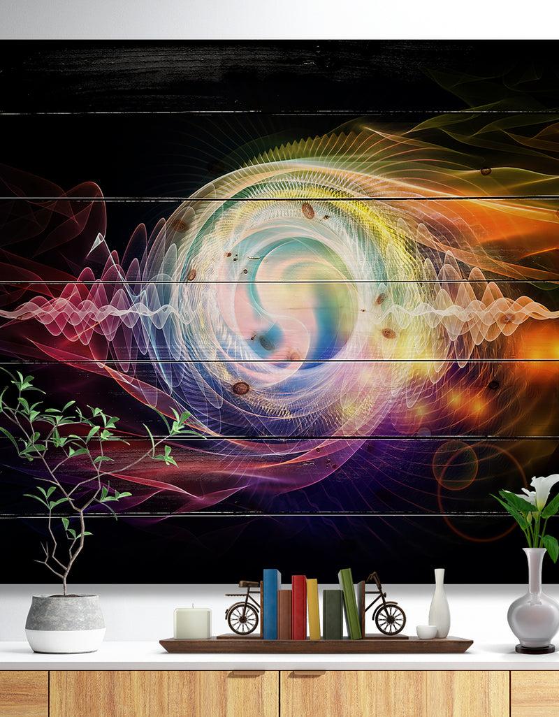 DesignQ Bright Wave Particle in Air on Black - Large Abstract Print on Natural Pine Wood