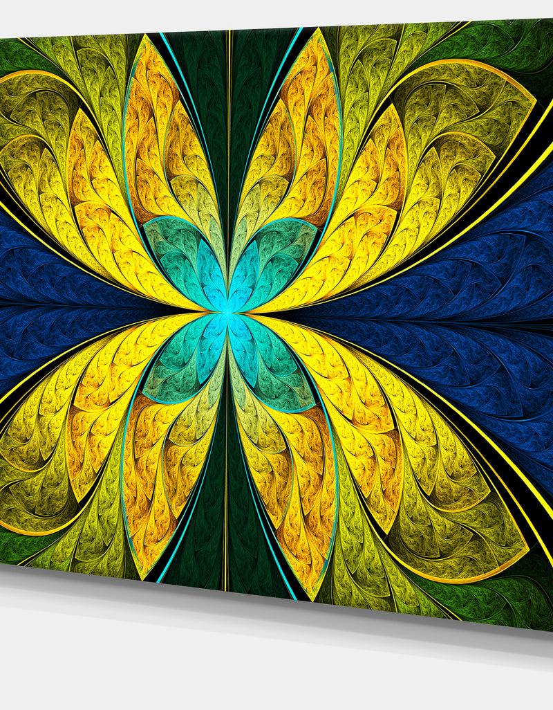 DesignQ Bright Yellow Blue Fractal Flower - Extra Large Floral Wall Art On Canvas