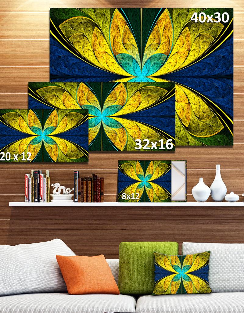 DesignQ Bright Yellow Blue Fractal Flower - Extra Large Floral Wall Art On Canvas