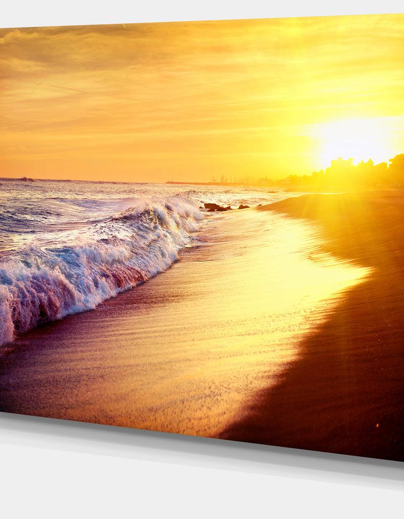 DesignQ Bright Yellow Sky With Foam Waves - Large Seashore Canvas Print