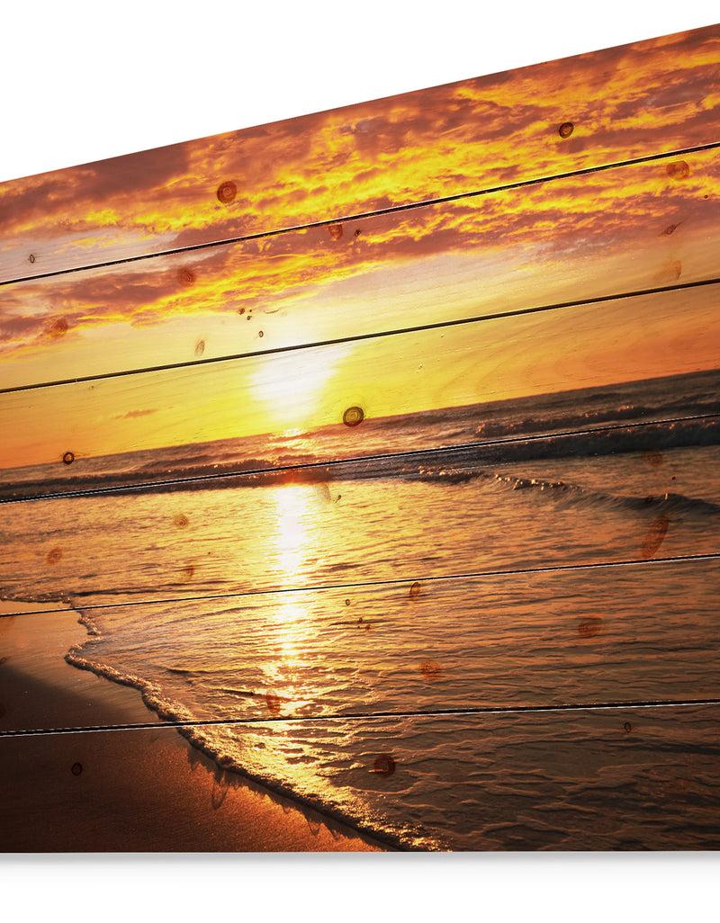 DesignQ Bright Yellow Sunset Over Waves - Modern Beach Print On Natural Pine Wood