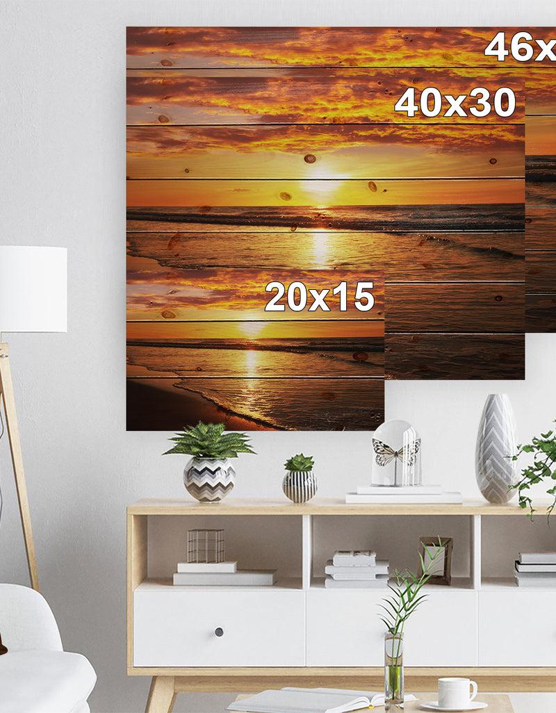 DesignQ Bright Yellow Sunset Over Waves - Modern Beach Print On Natural Pine Wood