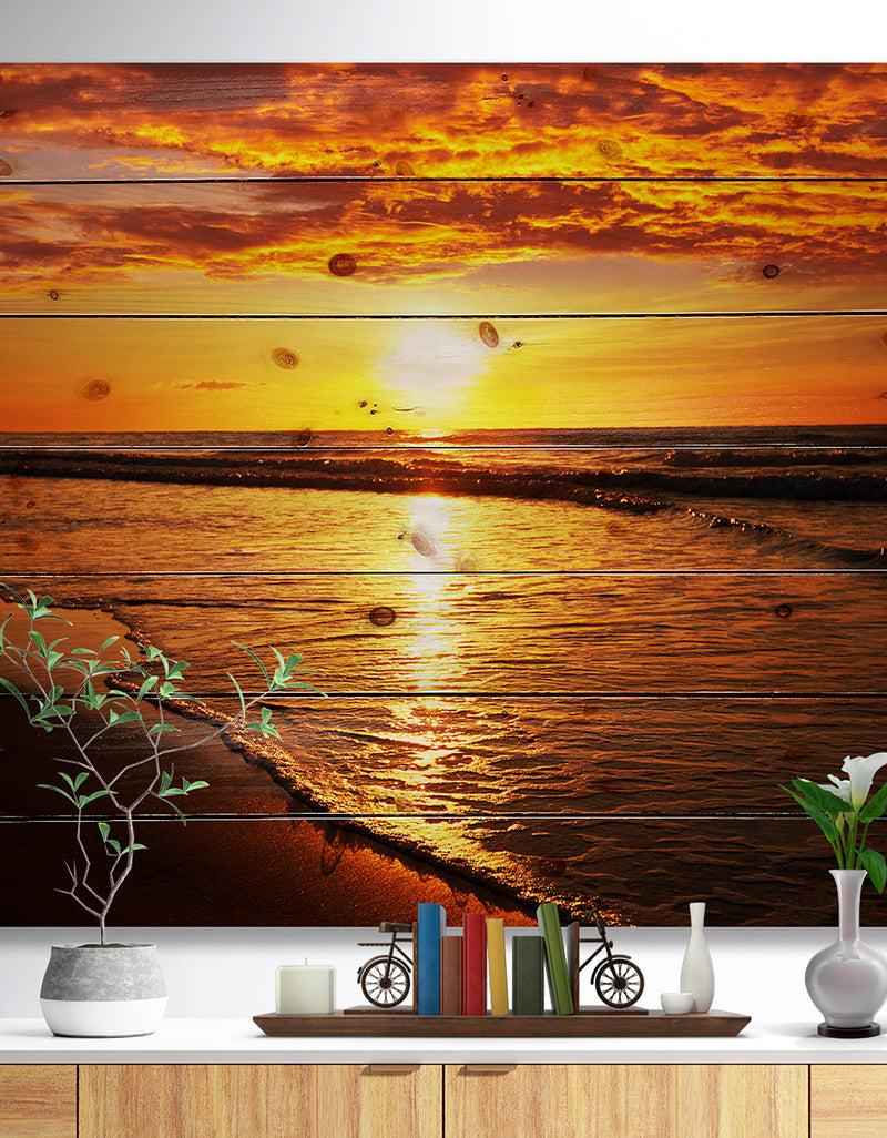 DesignQ Bright Yellow Sunset over Waves - Modern Beach Print on Natural Pine Wood