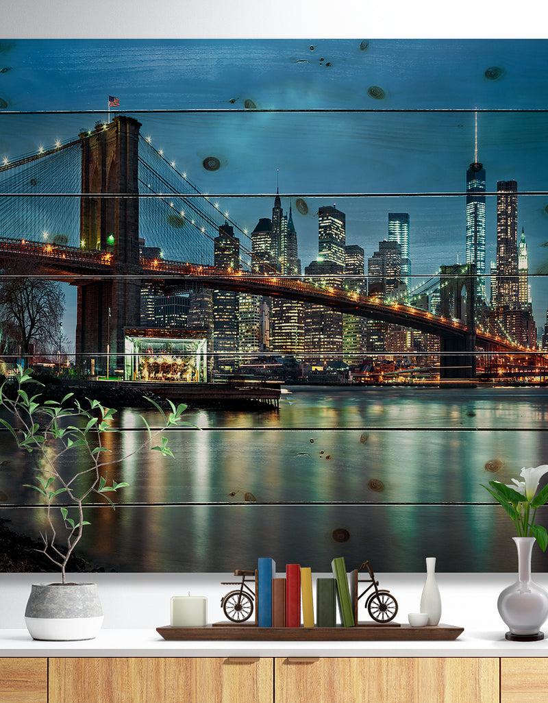 DesignQ Brooklyn Bridge and Skyscrapers - Cityscape Print on Natural Pine Wood