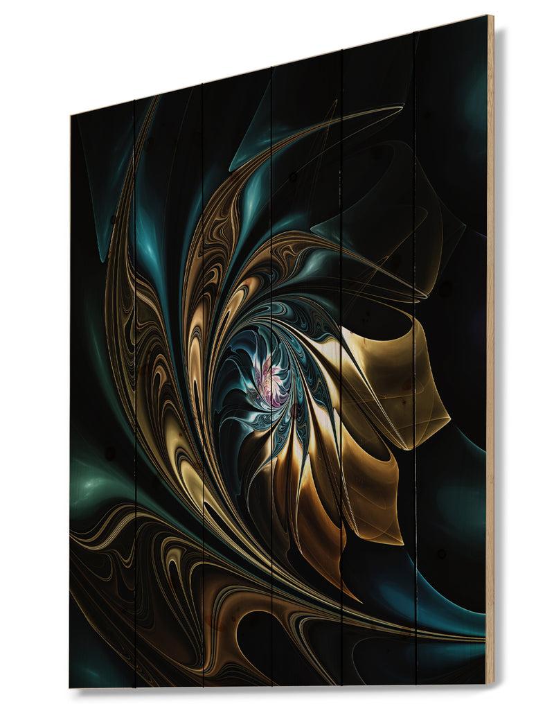 DesignQ Brown Blue Fractal Flower In Black - Abstract Print On Natural Pine Wood