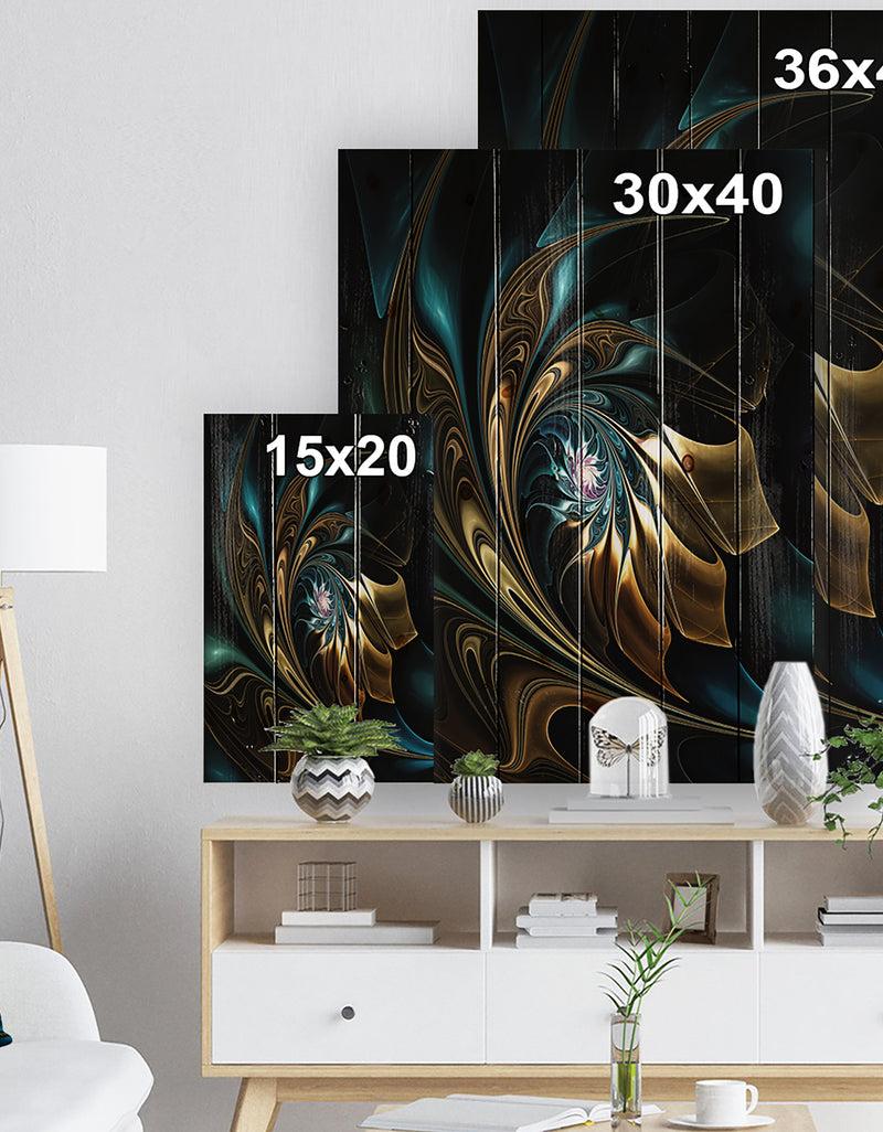DesignQ Brown Blue Fractal Flower In Black - Abstract Print On Natural Pine Wood