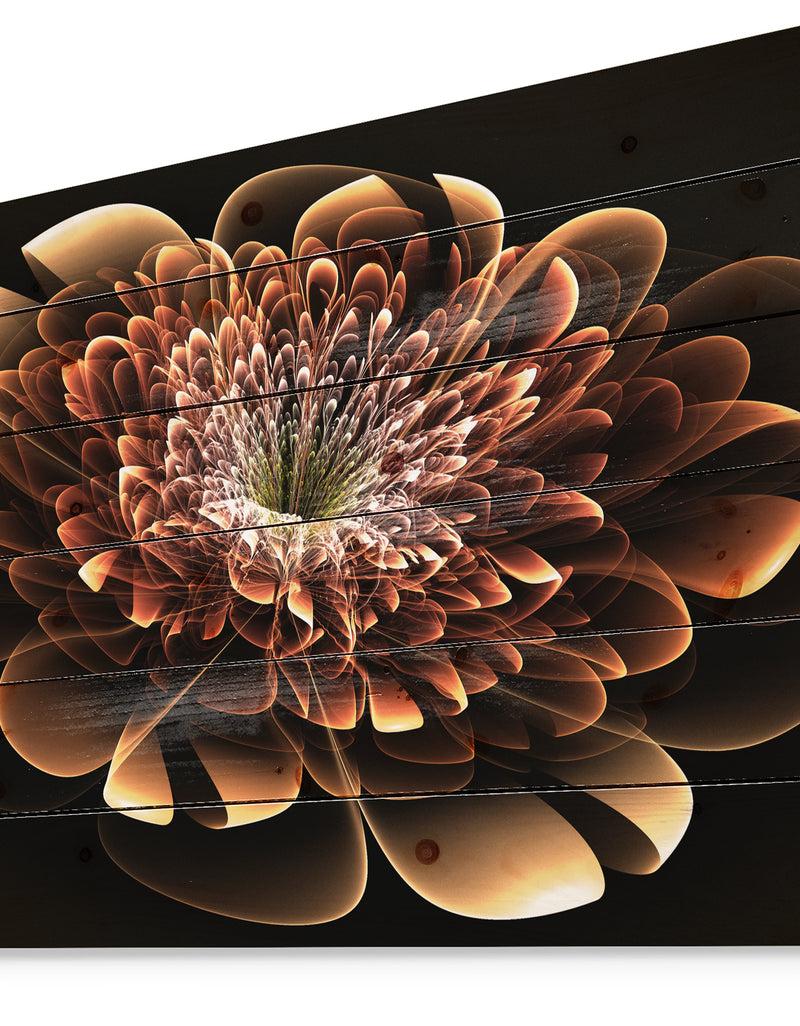 DesignQ Brown Fractal Flower - Modern Floral Print On Natural Pine Wood