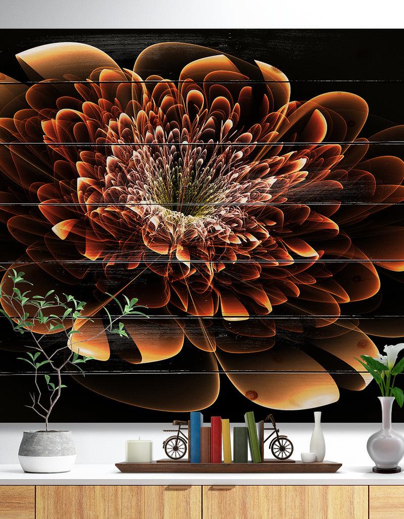 DesignQ Brown Fractal Flower - Modern Floral Print on Natural Pine Wood