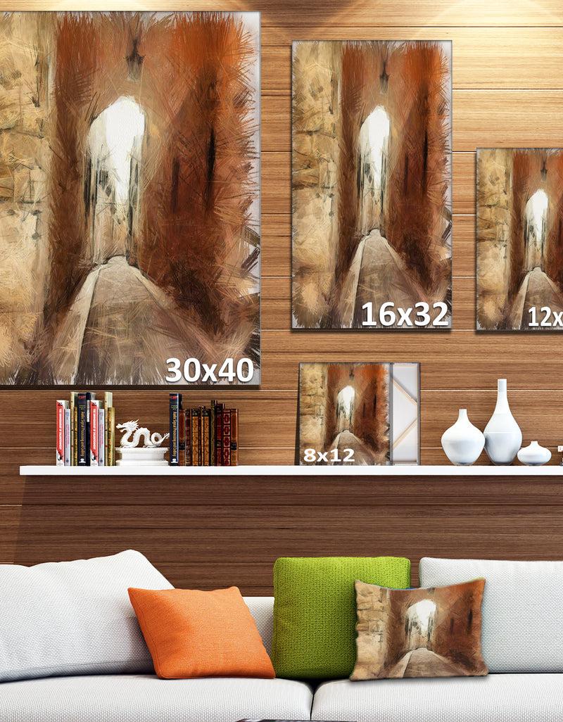 DesignQ Brown Old City Street Drawing - Landscape Canvas Wall Art