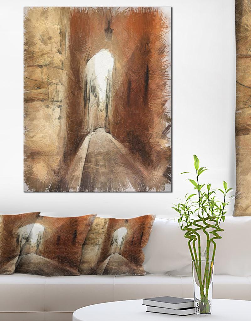 DesignQ Brown Old City Street Drawing - Landscape Canvas Wall Art