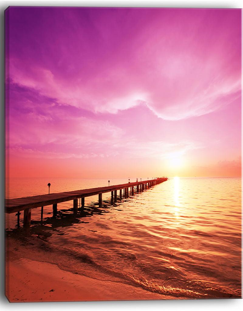 DesignQ Brown Sea And Pier Under Magenta Sky Large Sea Bridge Canvas Art Print