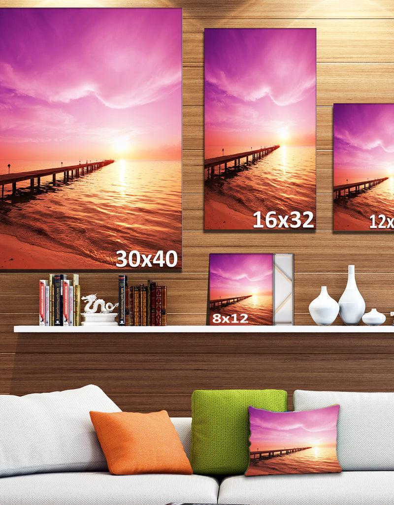 DesignQ Brown Sea And Pier Under Magenta Sky Large Sea Bridge Canvas Art Print
