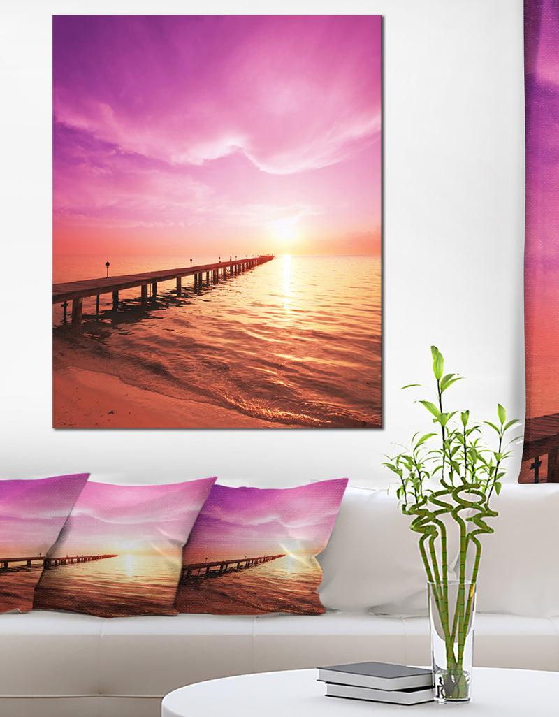 DesignQ Brown Sea and Pier under Magenta Sky Large Sea Bridge Canvas Art Print