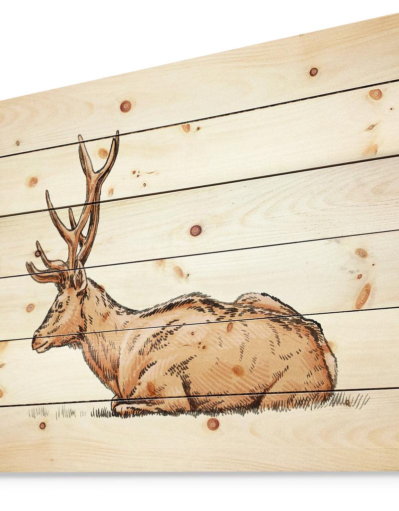 DesignQ Brush Painting Ink Draw Deer Illustration - Animals Painting Print On Natural Pine Wood
