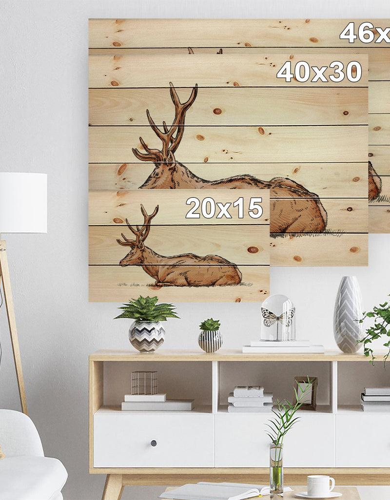 DesignQ Brush Painting Ink Draw Deer Illustration - Animals Painting Print On Natural Pine Wood