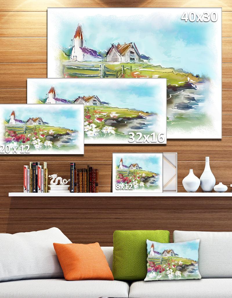 DesignQ Buildings In Green Meadow - Landscape Painting Canvas Print