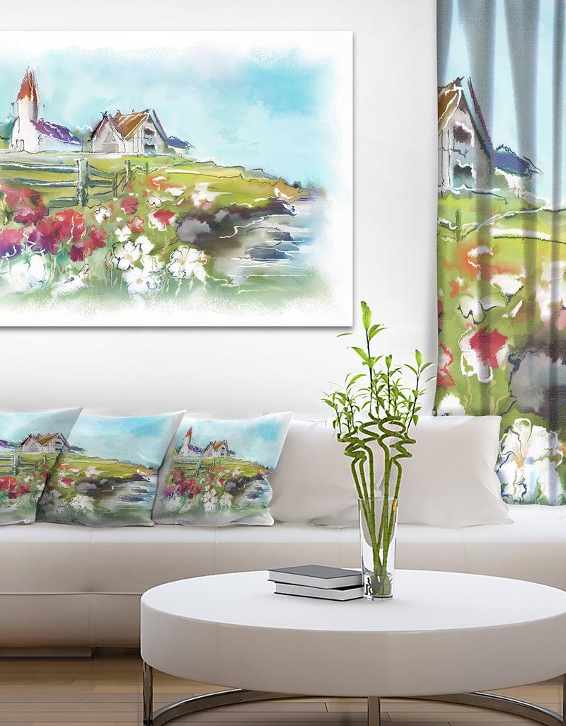 DesignQ Buildings in Green Meadow - Landscape Painting Canvas Print