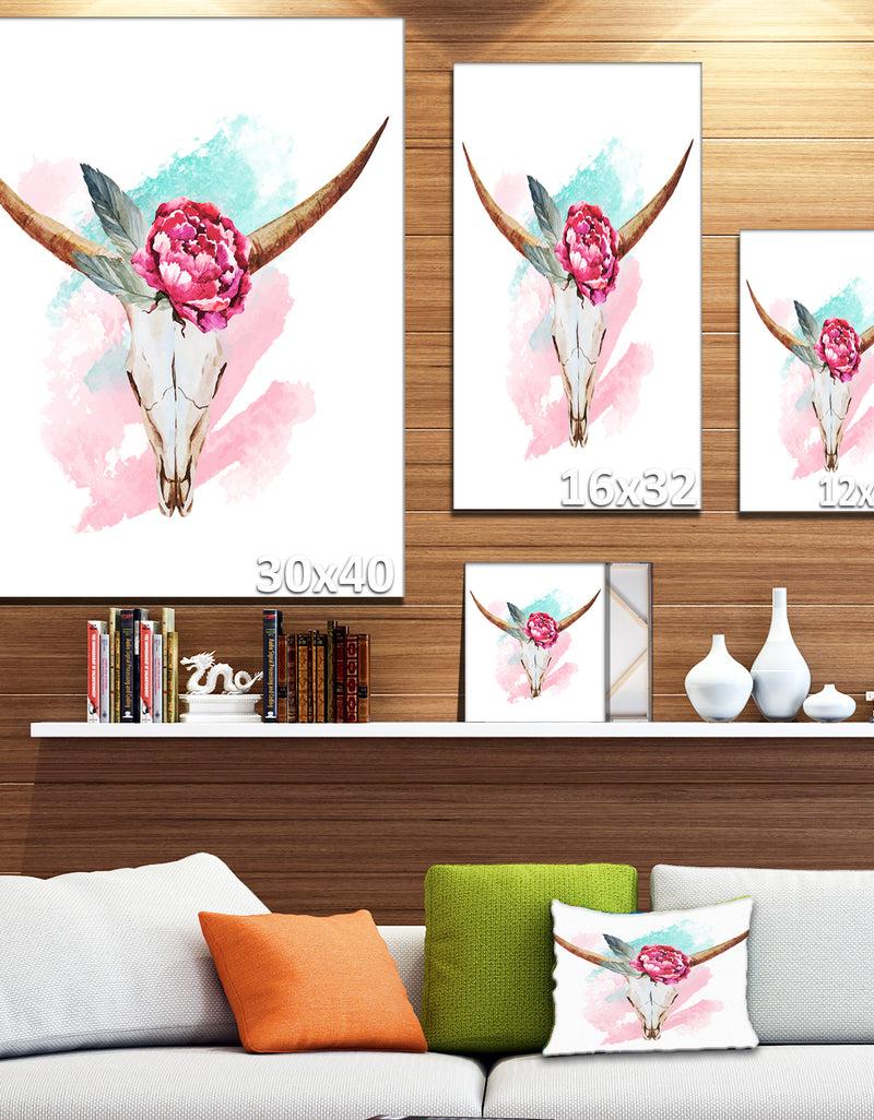DesignQ Bull Skull And Flower - Floral Digital Canvas Art Print
