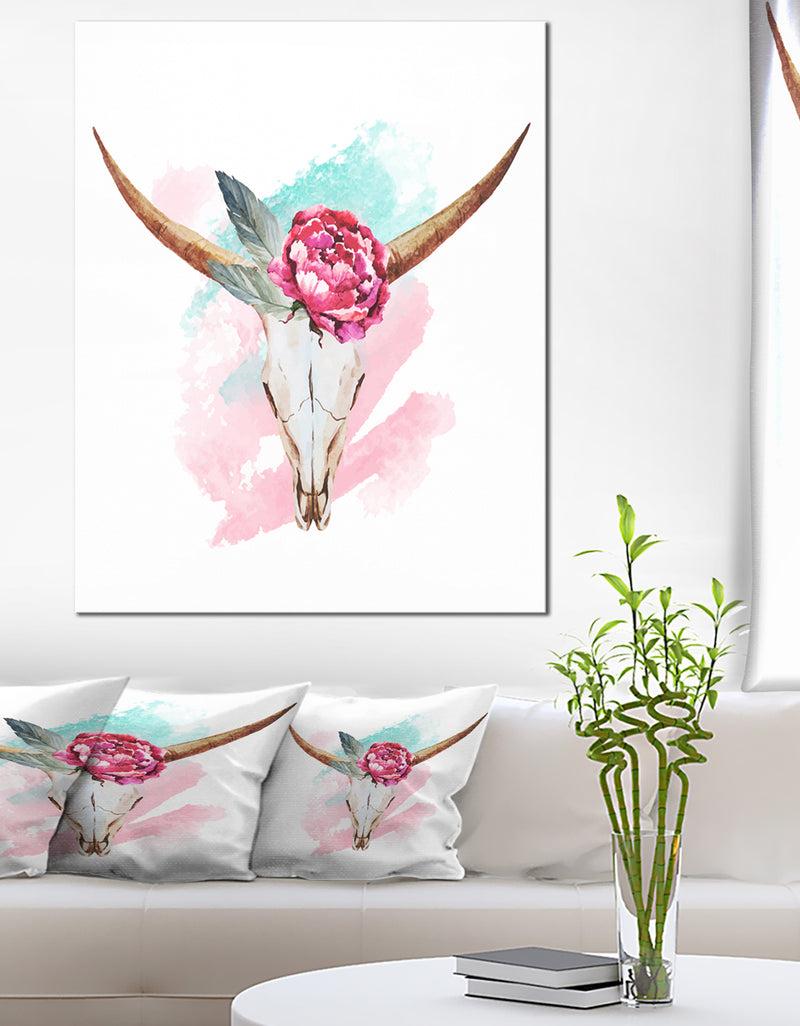 DesignQ Bull Skull and Flower - Floral Digital Canvas Art Print