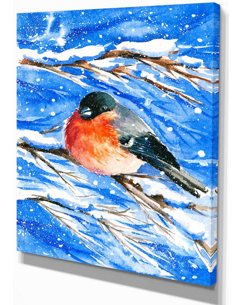 DesignQ Bullfinch In Snow Storm - Animals Painting Print On Wrapped Canvas