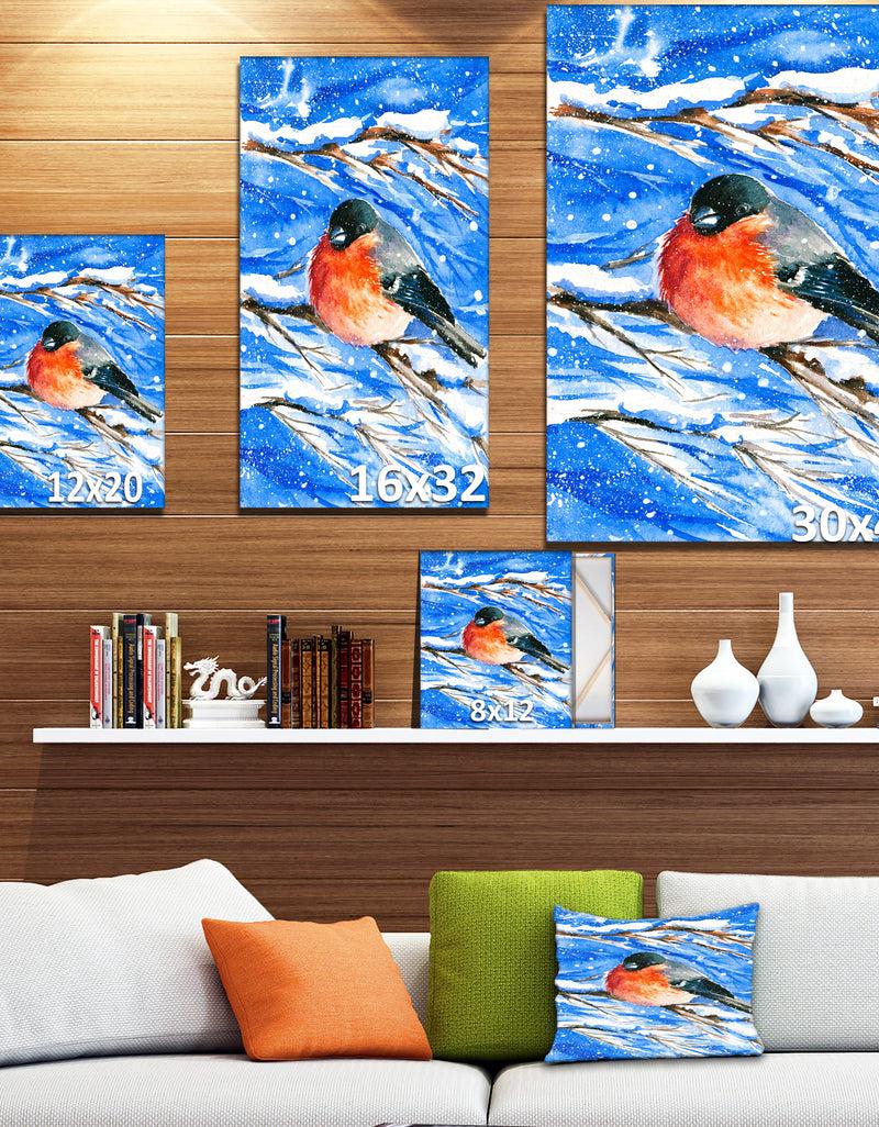 DesignQ Bullfinch In Snow Storm - Animals Painting Print On Wrapped Canvas