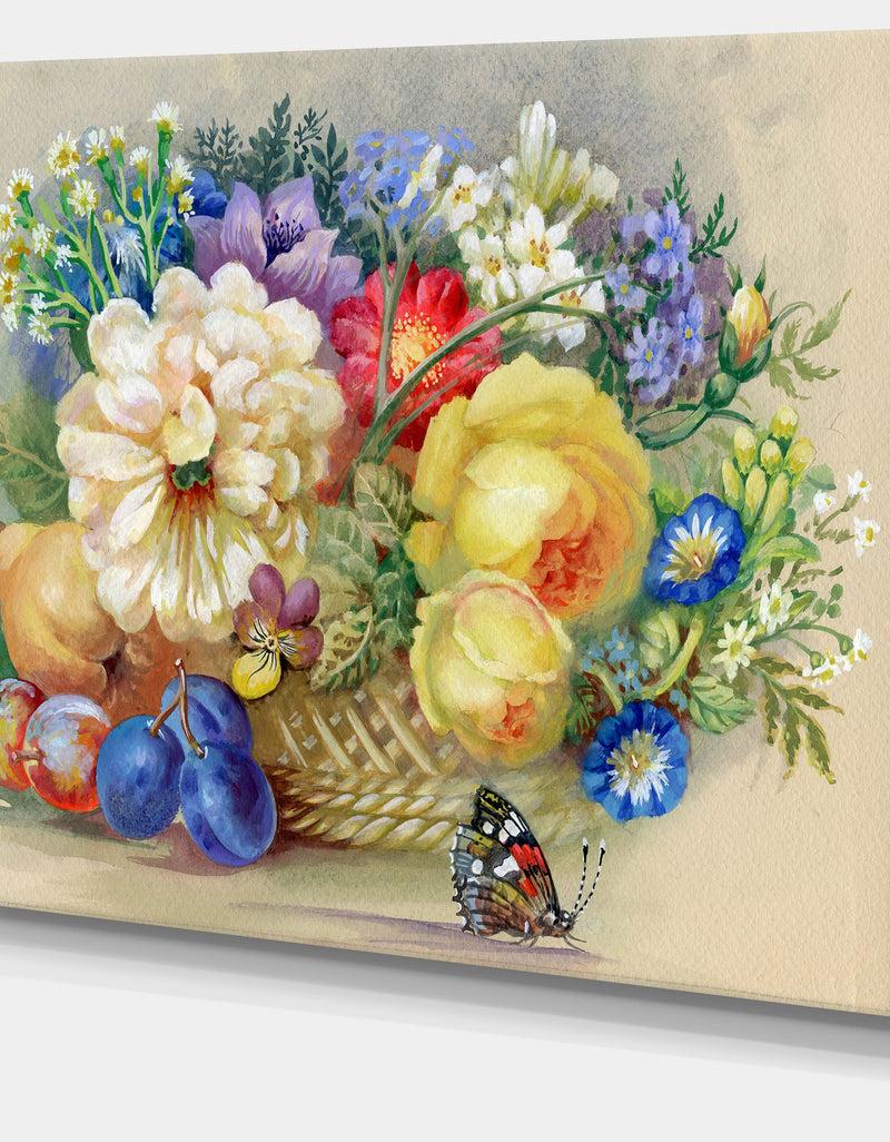 DesignQ Bunch Of Flowers And Fruits - Large Floral Wall Art Canvas