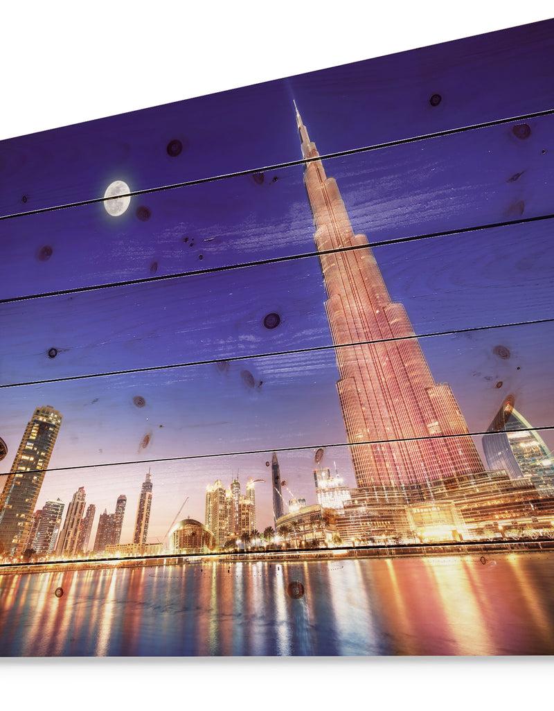 DesignQ Burj Khalifa Night Landscape - Cityscape Print On Natural Pine Wood