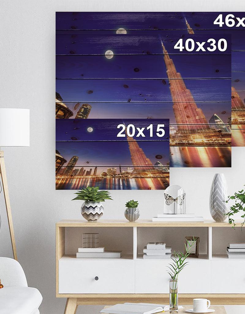 DesignQ Burj Khalifa Night Landscape - Cityscape Print On Natural Pine Wood