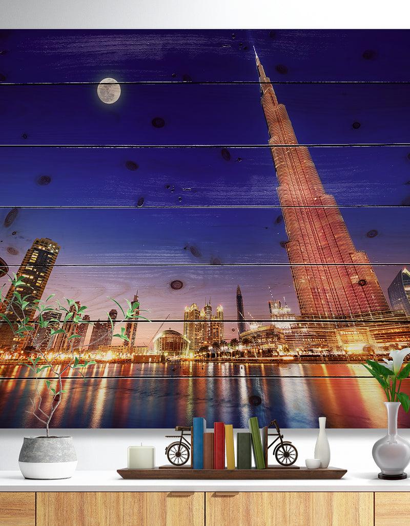 DesignQ Burj Khalifa Night Landscape - Cityscape Print on Natural Pine Wood