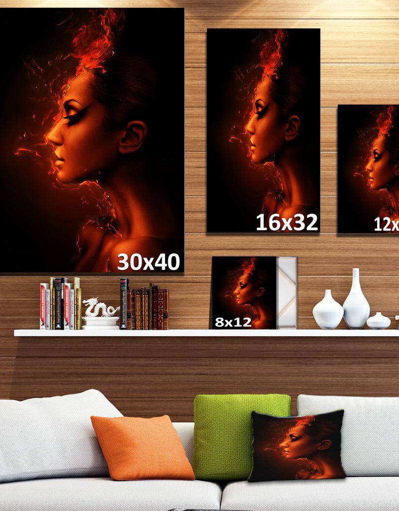 DesignQ Burning Woman Head - Portrait Contemporary Canvas Art Print