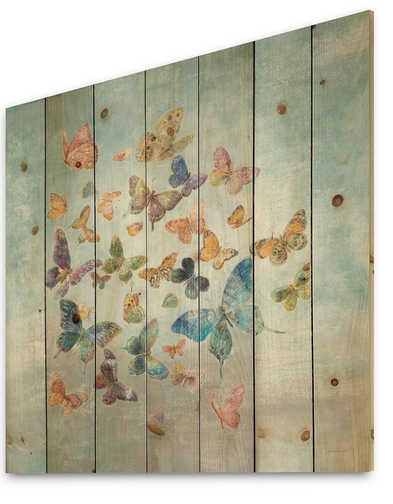 DesignQ Butterflies Dancing I - Wildlife Print On Natural Pine Wood