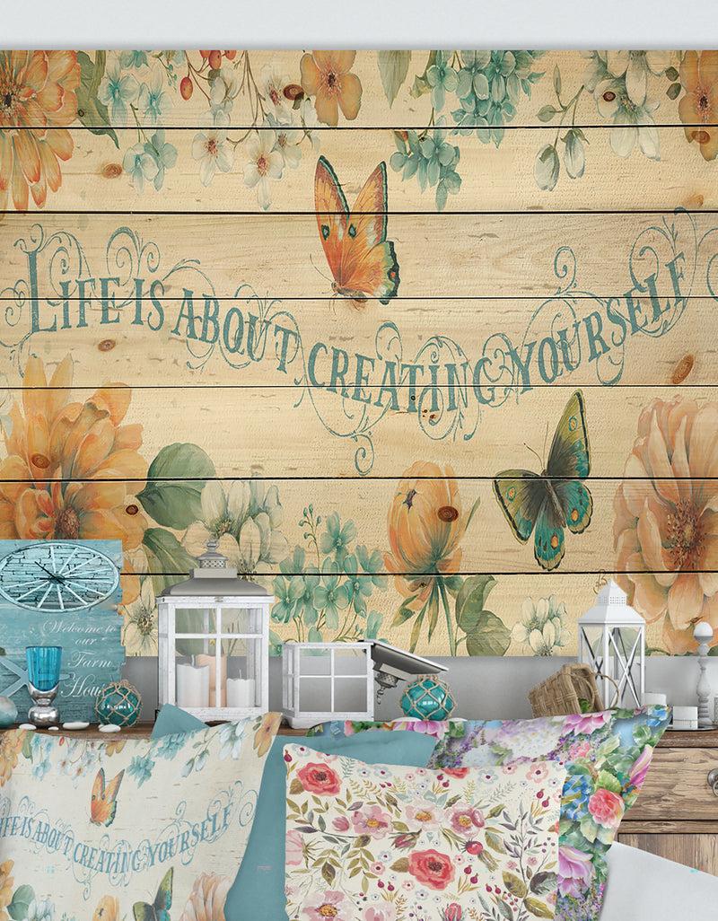 DesignQ Butterfly Bloom lovely Quote - Farmhouse Print on Natural Pine Wood