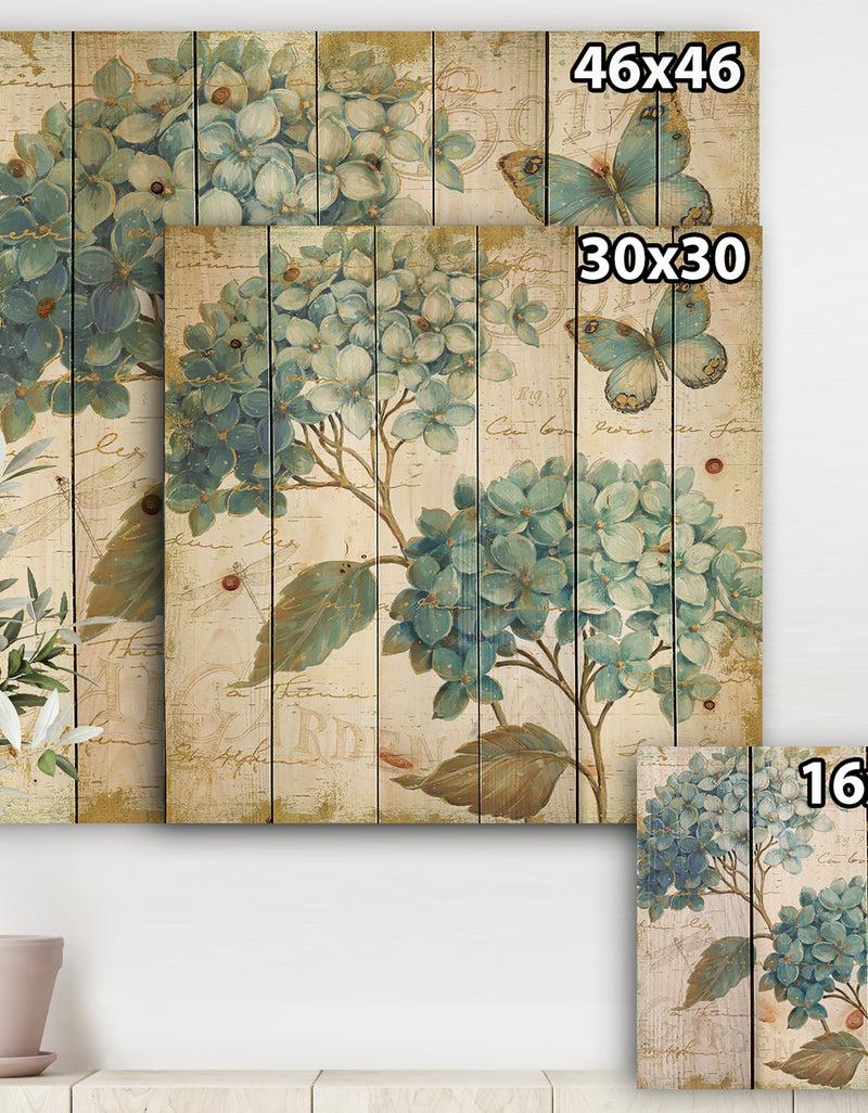 DesignQ Butterfly Blue Garden I - Farmhouse Print On Natural Pine Wood