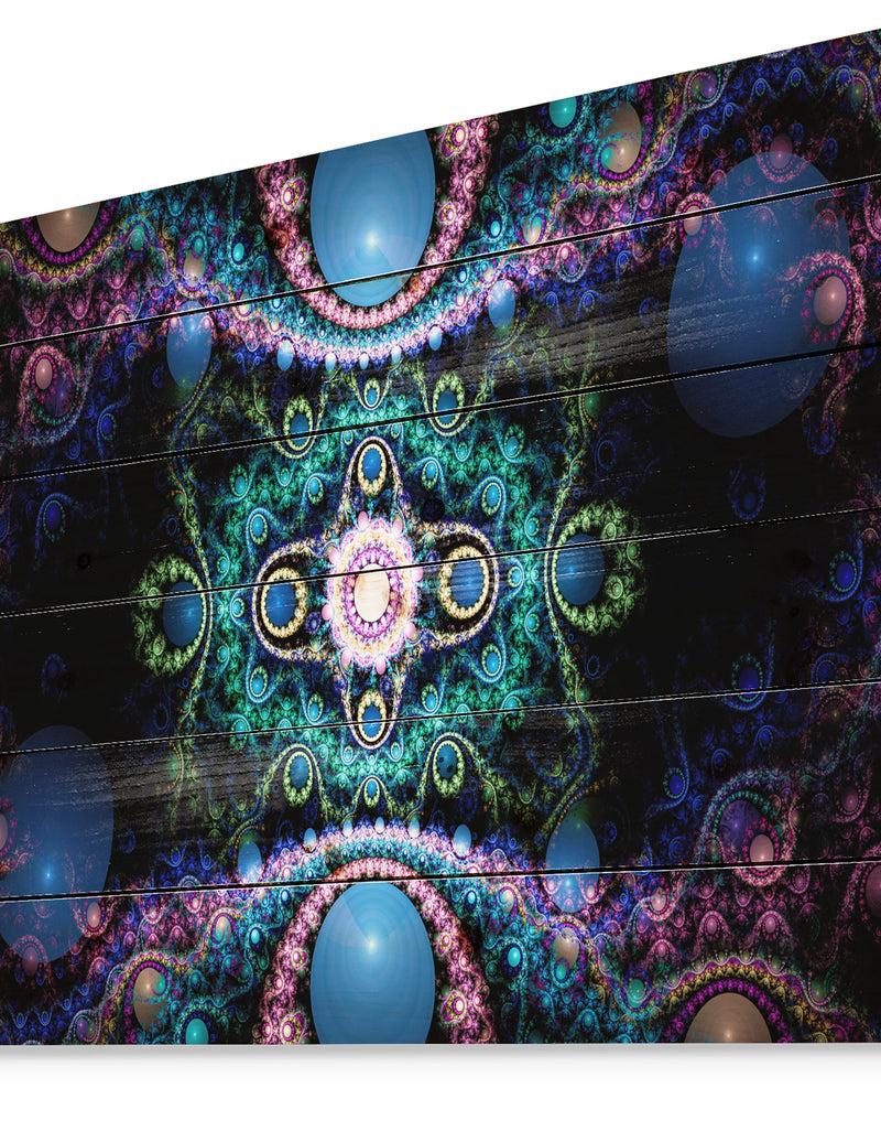 DesignQ Cabalistic Blue Fractal Pattern - Abstract Print On Natural Pine Wood
