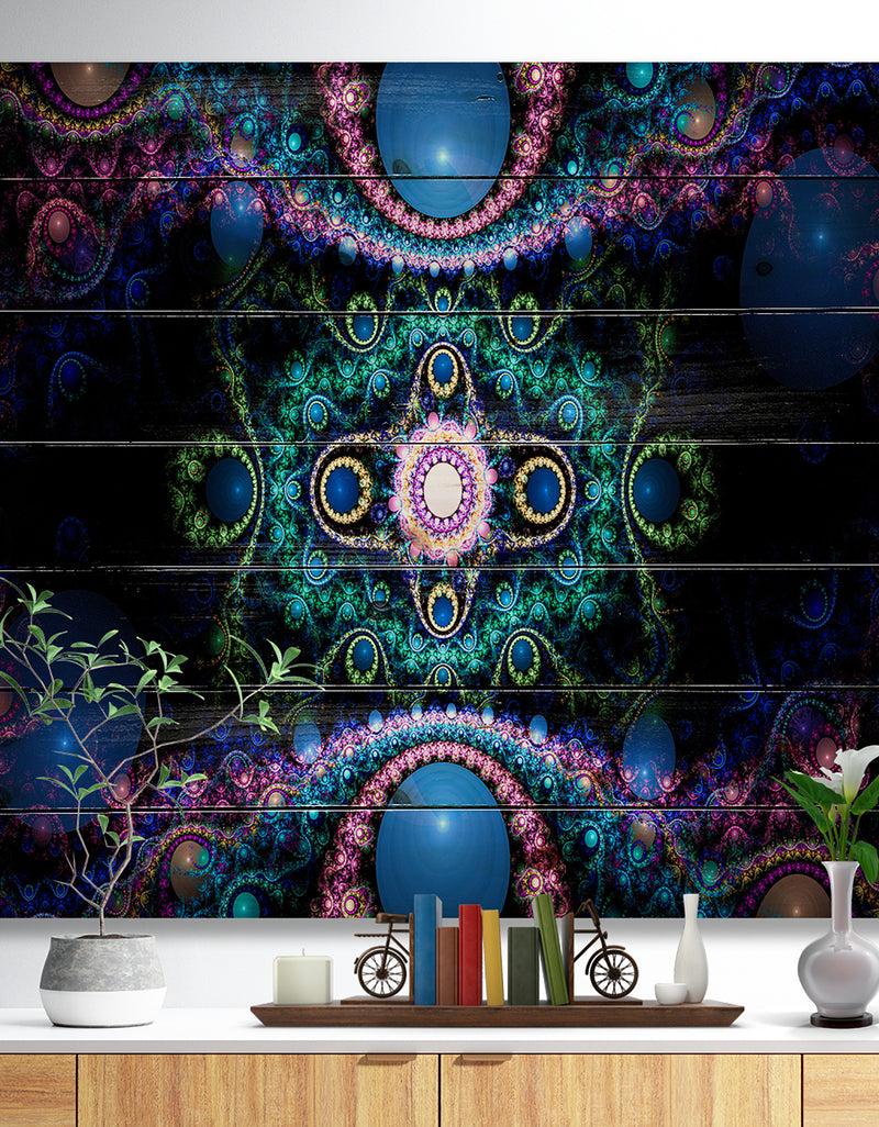 DesignQ Cabalistic Blue Fractal Pattern - Abstract Print on Natural Pine Wood