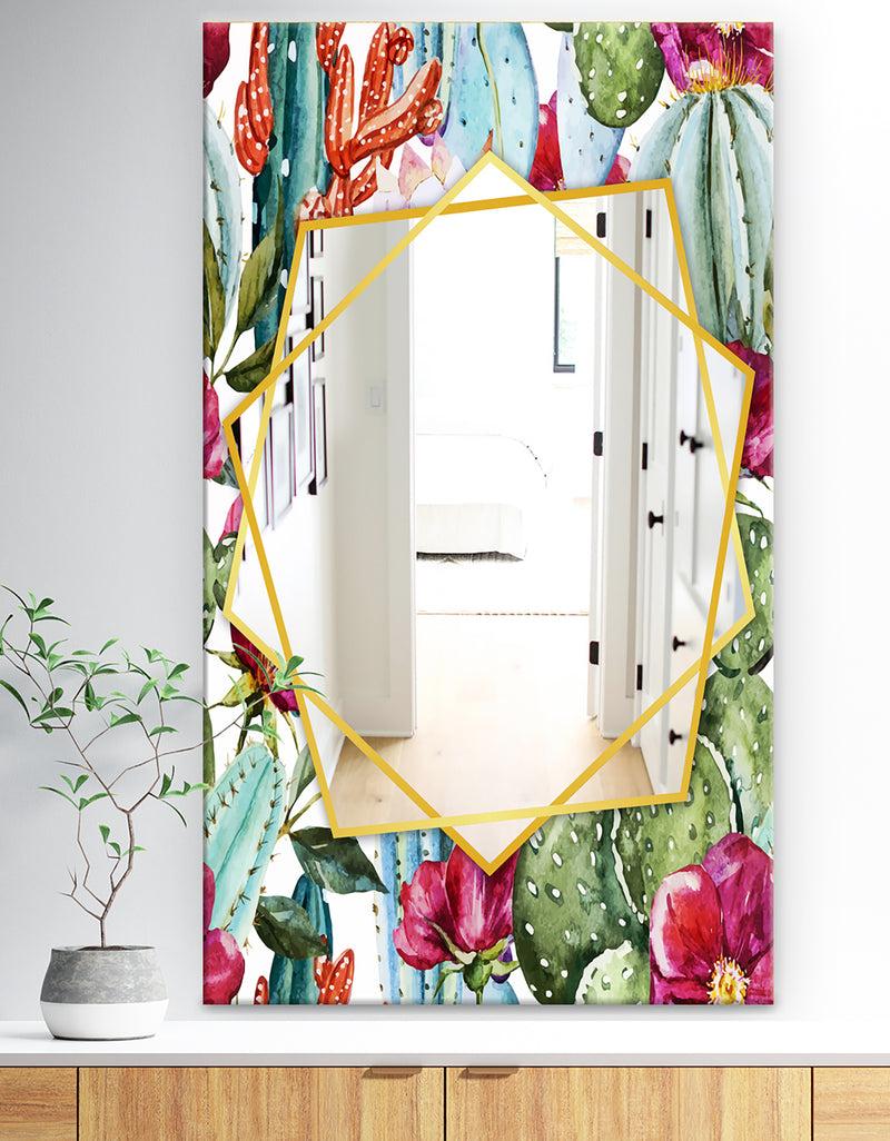 DesignQ Cactus Pattern Watercolor - Traditional Mirror - Frameless Wall Mirror