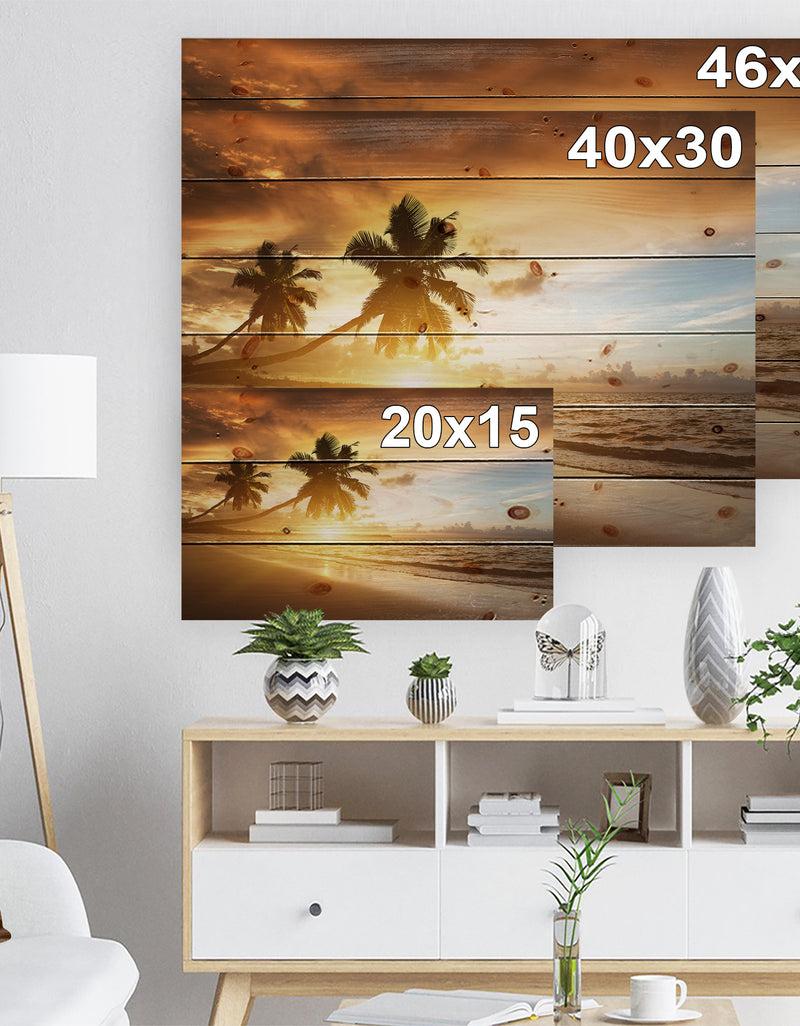 DesignQ Caribbean Seashore Sunset - Seascape Photography Print On Natural Pine Wood