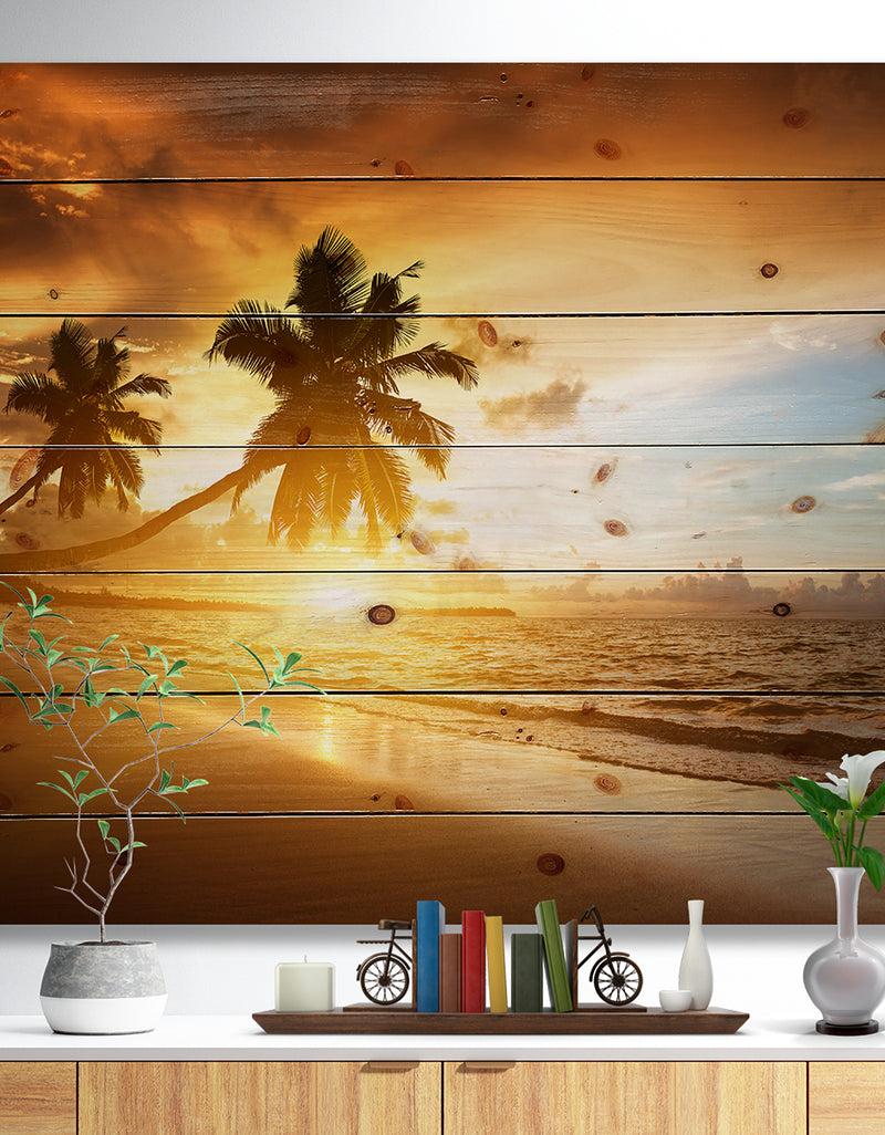 DesignQ Caribbean Seashore Sunset - Seascape Photography Print on Natural Pine Wood