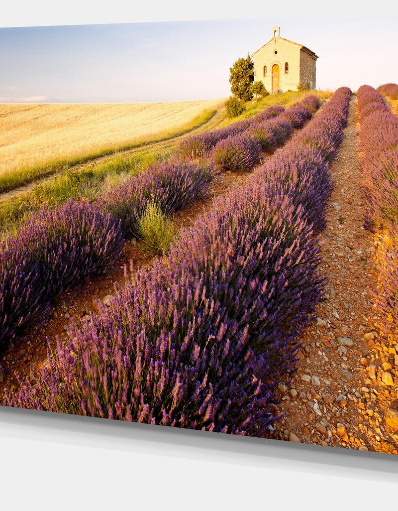 DesignQ Chapel With Lavender And Grain Field - Large Flower Canvas Wall Art