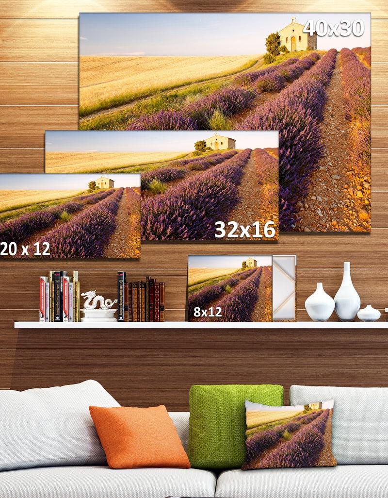 DesignQ Chapel With Lavender And Grain Field - Large Flower Canvas Wall Art