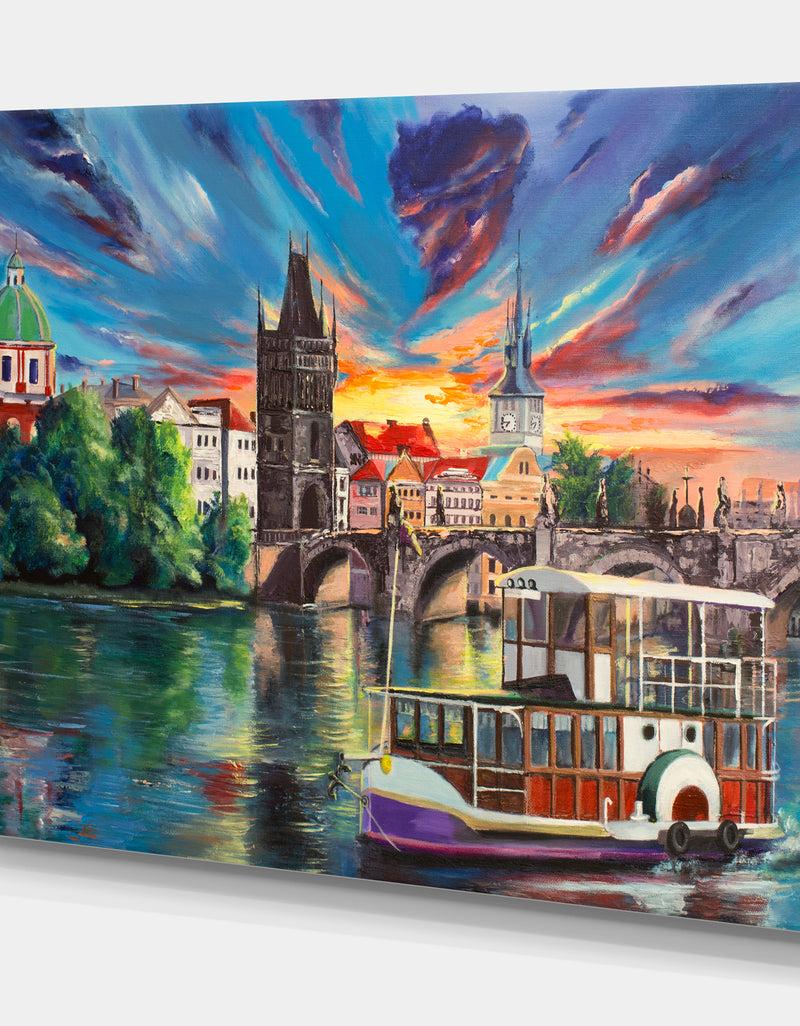 DesignQ Charles Bridge Prague In Colorful Sky - Cityscapes Painting Print On Wrapped Canvas