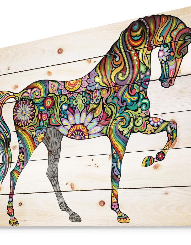 DesignQ Cheerful Horse - Bohemian Print On Natural Pine Wood