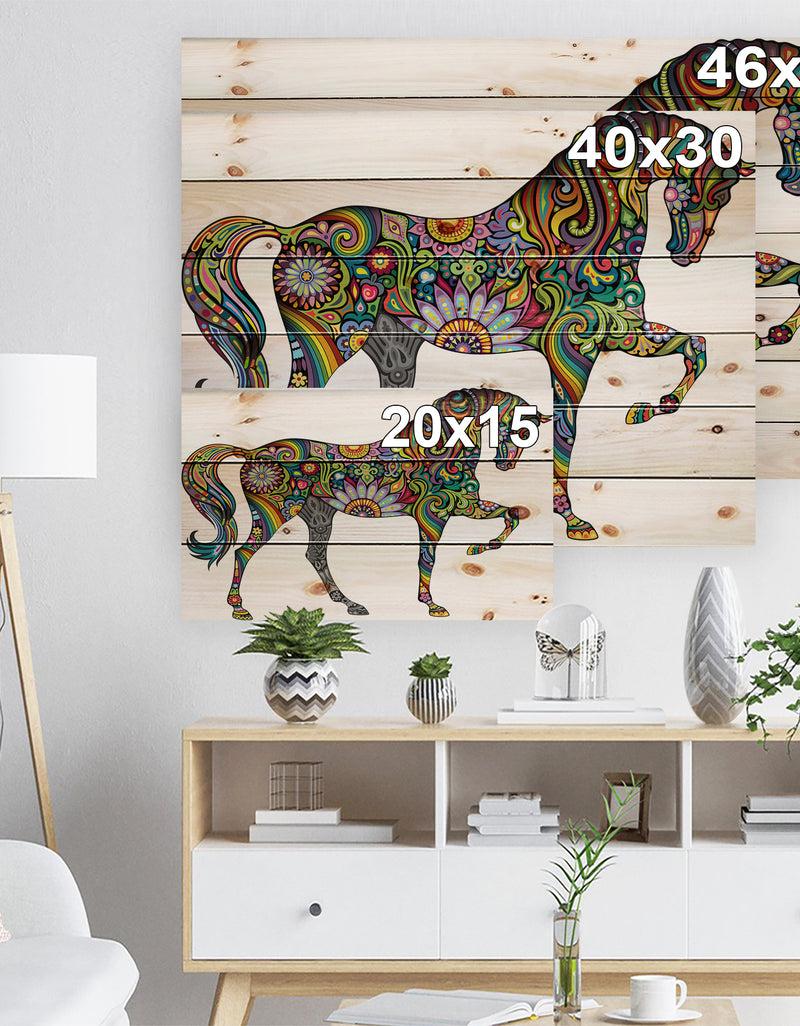 DesignQ Cheerful Horse - Bohemian Print On Natural Pine Wood