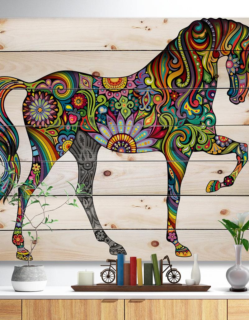 DesignQ Cheerful Horse - Bohemian Print on Natural Pine Wood